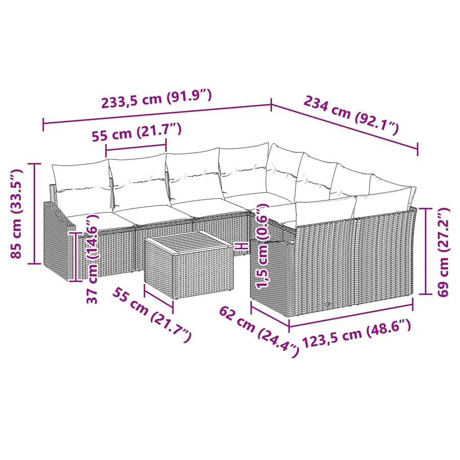 Ensemble de canapé de jardin avec coussin 9 pcs Noir polyrotin - 9