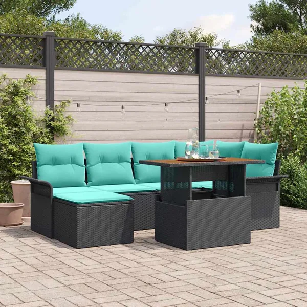 Ensemble de canapé de jardin avec coussin 7 pcs Noir et bleu
