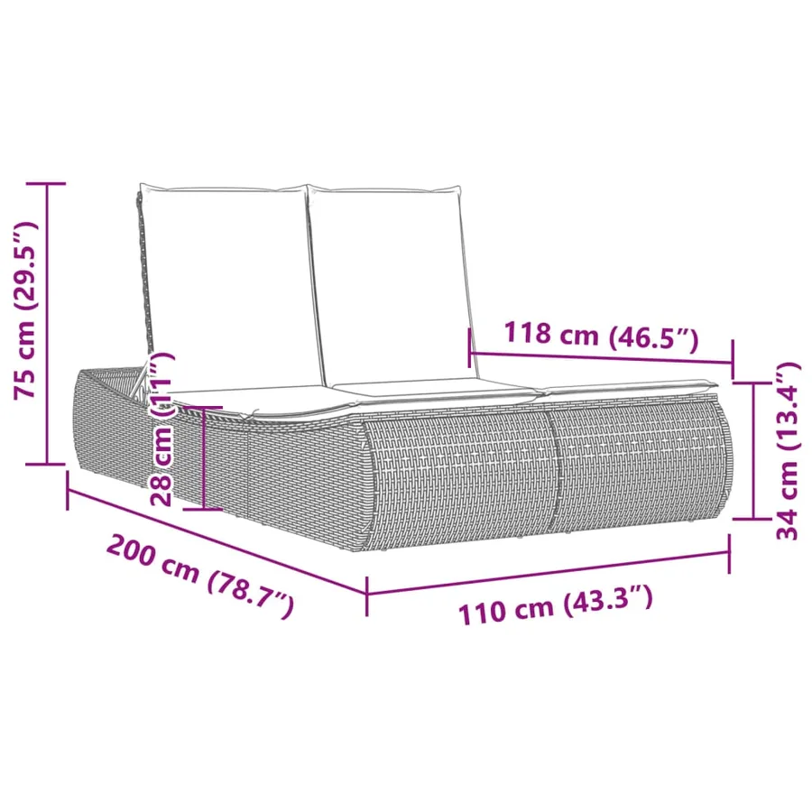Chaise longue double avec coussins marron résine tressée - 9