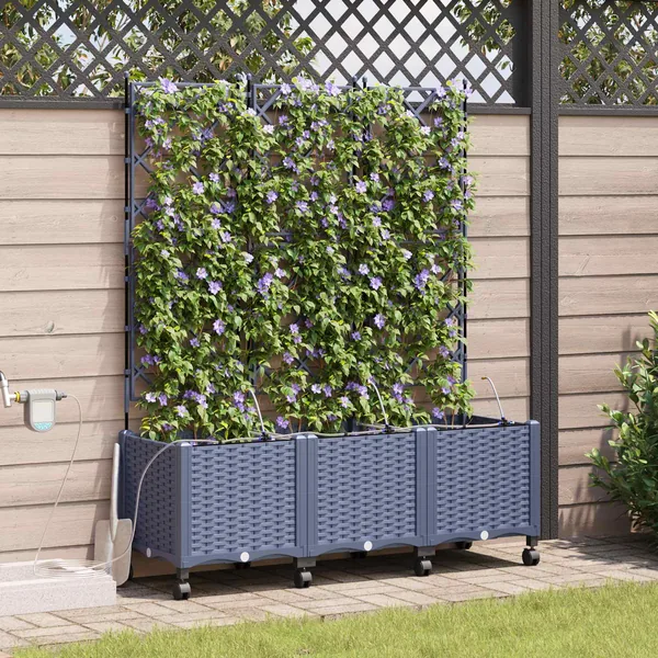 Porte-plante de jardin avec irrigation et roues 3 pc Gris PP