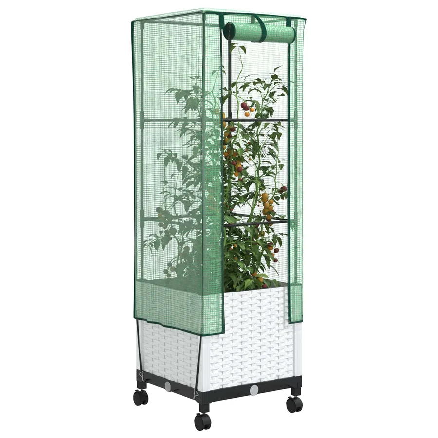 Jardinière de jardin avec couverture de serre et roues Blanc PP - 3