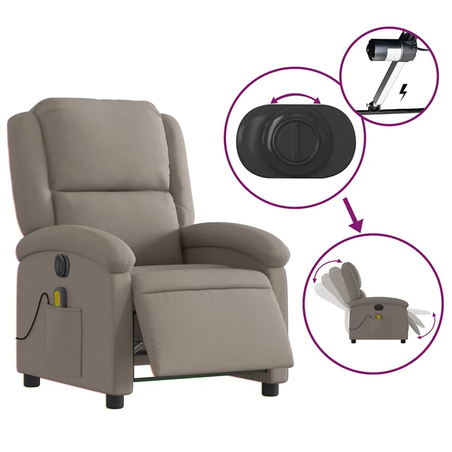 Fauteuil de massage inclinable électrique Taupe Tissu - 6