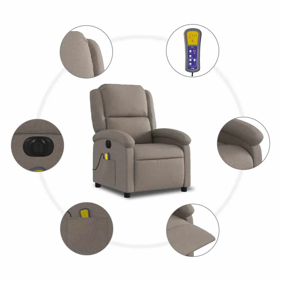 Fauteuil de massage inclinable électrique Taupe Tissu - 8