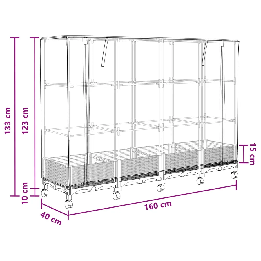 Jardinière de jardin avec couverture de serre et roues 3 pc PP - 8