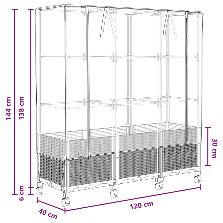 Jardinière de jardin avec couverture de serre et roues 3 pc PP - 8