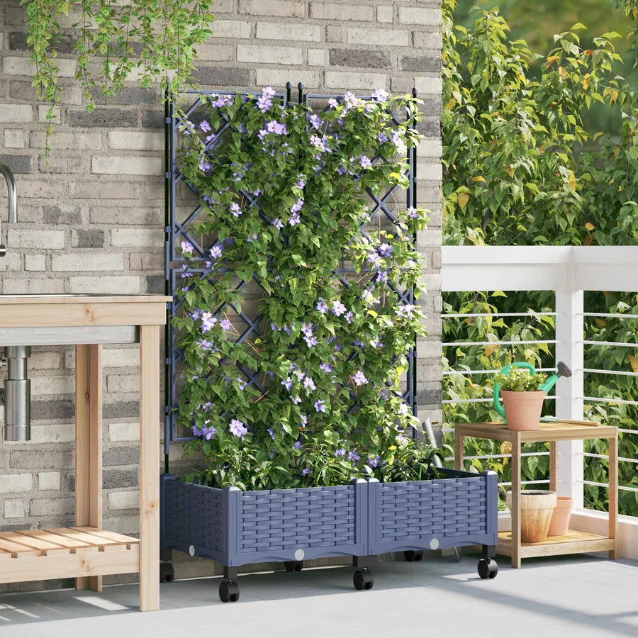 Bac de jardin avec treillis et roues 2 pc Gris PP