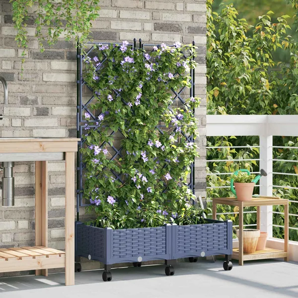 Bac de jardin avec treillis et roues 2 pc Gris PP