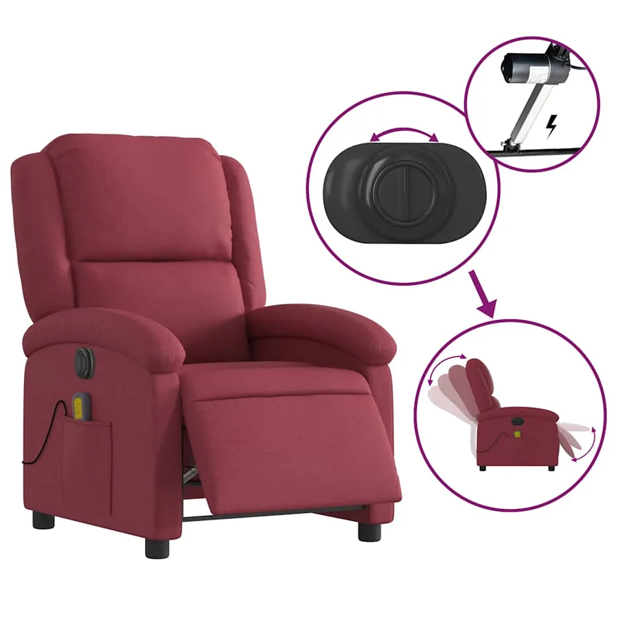 Fauteuil de massage inclinable électrique Rouge bordeaux Tissu - 6