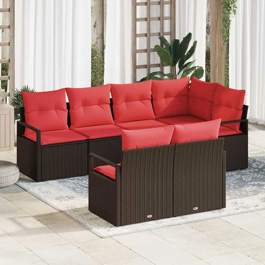 Ensemble de canapé de jardin 7 pcs Marron et rouge polyrotin