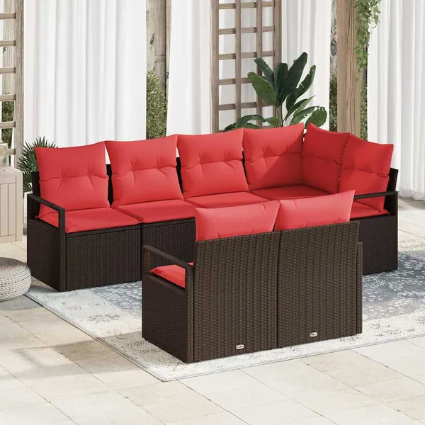 Ensemble de canapé de jardin 7 pcs Marron et rouge polyrotin