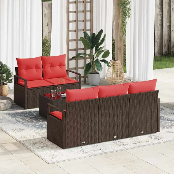 Ensemble de canapé de jardin 6 pcs Beige et Rouge polyrotin