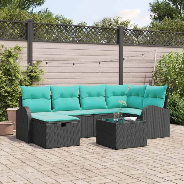 Ensemble de canapé de jardin avec coussin 7 pcs Noir Poly rotin