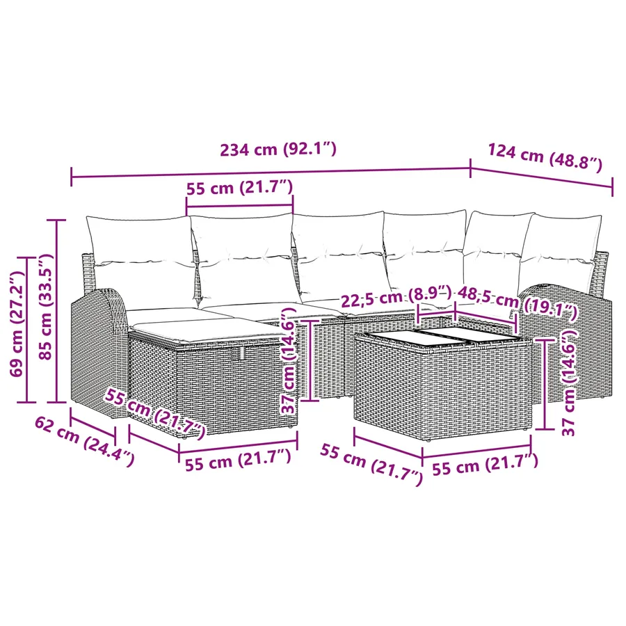 Ensemble de canapé de jardin avec coussin 7 pcs Noir Poly rotin - 15