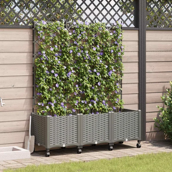 Bac de jardin avec treillis et roues 3 pc Gris clair PP