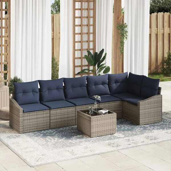 Ensemble de canapé de jardin 7 pcs Gris et marine polyrotin