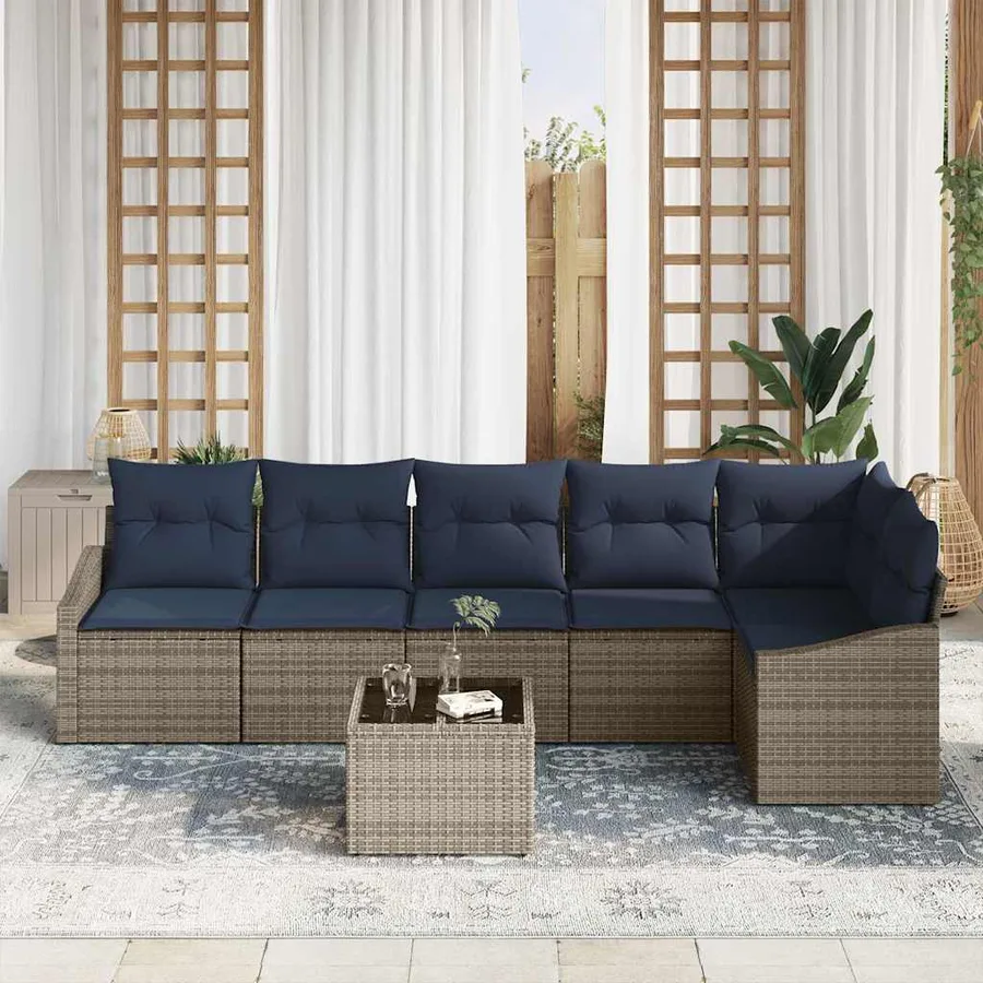 Ensemble de canapé de jardin 7 pcs Gris et marine polyrotin - 3
