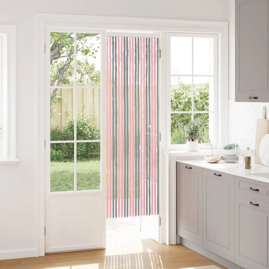 Rideau anti-insectes en chenille Gris Argent et Rose