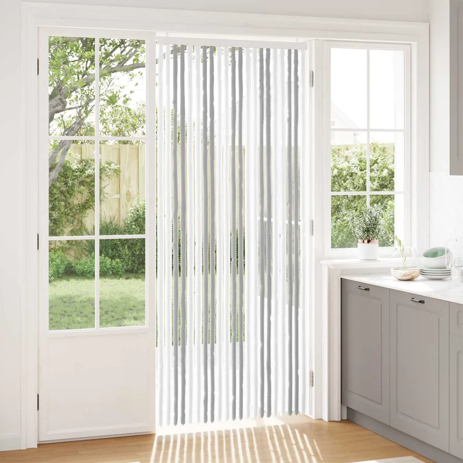 Rideau anti-insectes en chenille Gris clair et blanc