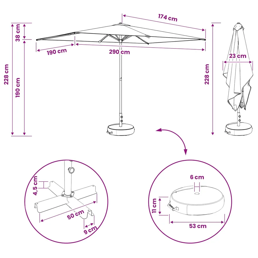 Parasol de jardin avec base 200 x 300 cm Polyester - 8