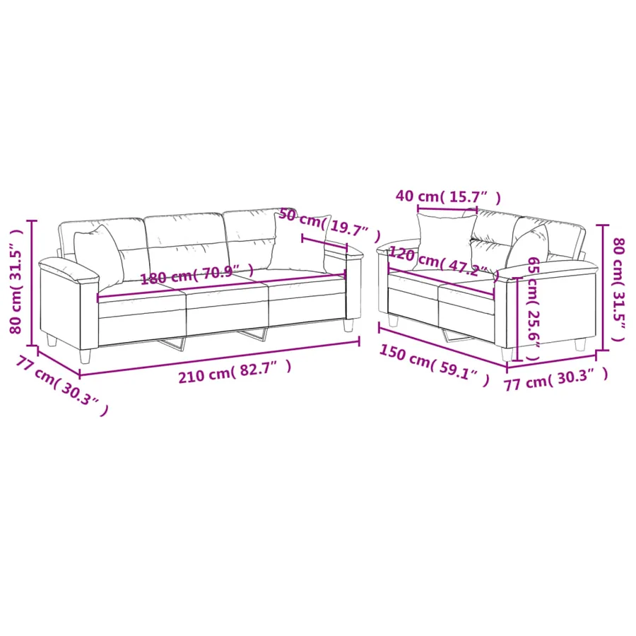 Ensemble de canapés 2 pcs avec coussins Crème Tissu microfibre - 8