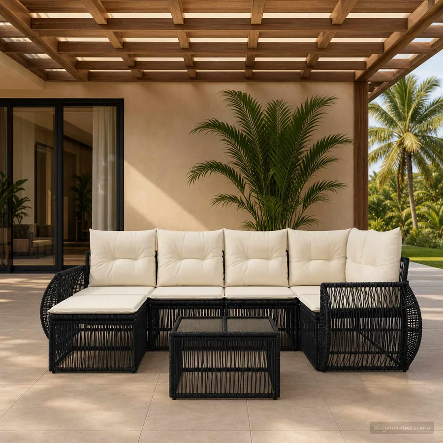 Ensemble de canapé de jardin 7 pcs Noir et blanc crème
