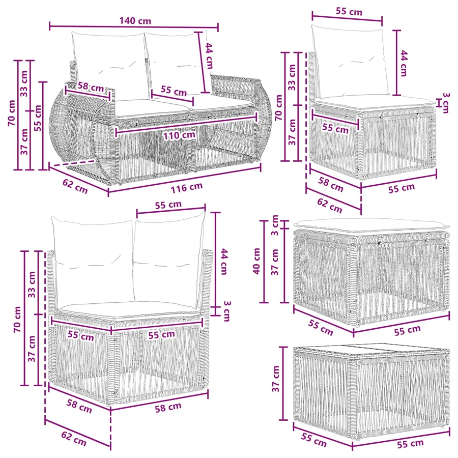 Ensemble de canapé de jardin 7 pcs Noir et blanc crème - 11