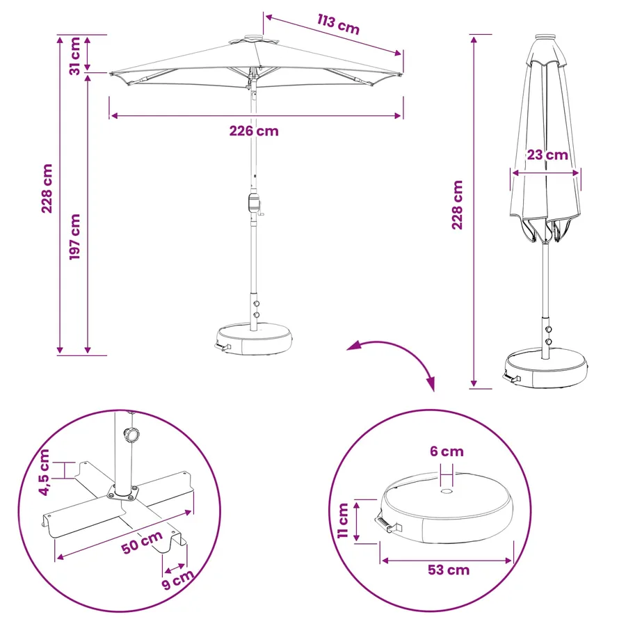 Parasol de jardin avec lumières LED et base 230 x 230 cm - 8