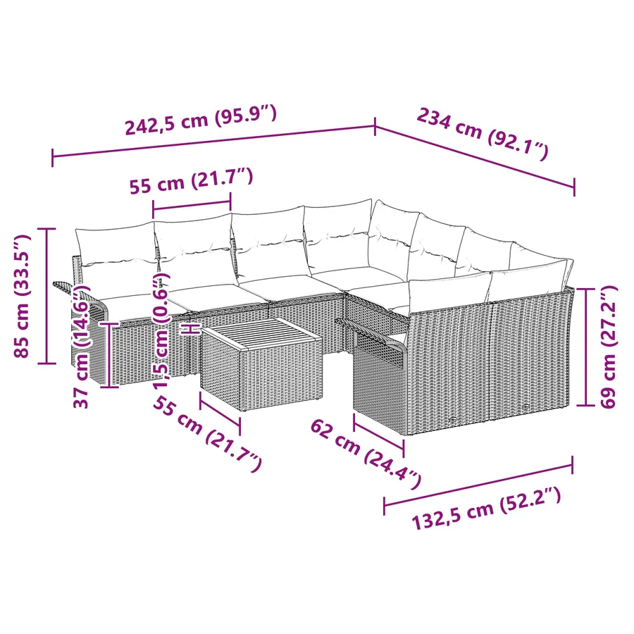 Ensemble de canapé de jardin avec coussin 9 pcs Noir polyrotin - 9