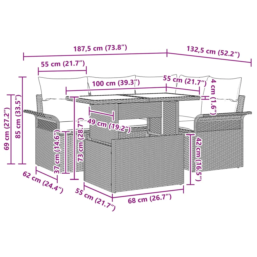 Ensemble de canapé de jardin avec coussin 5 pcs Noir polyrotin - 11