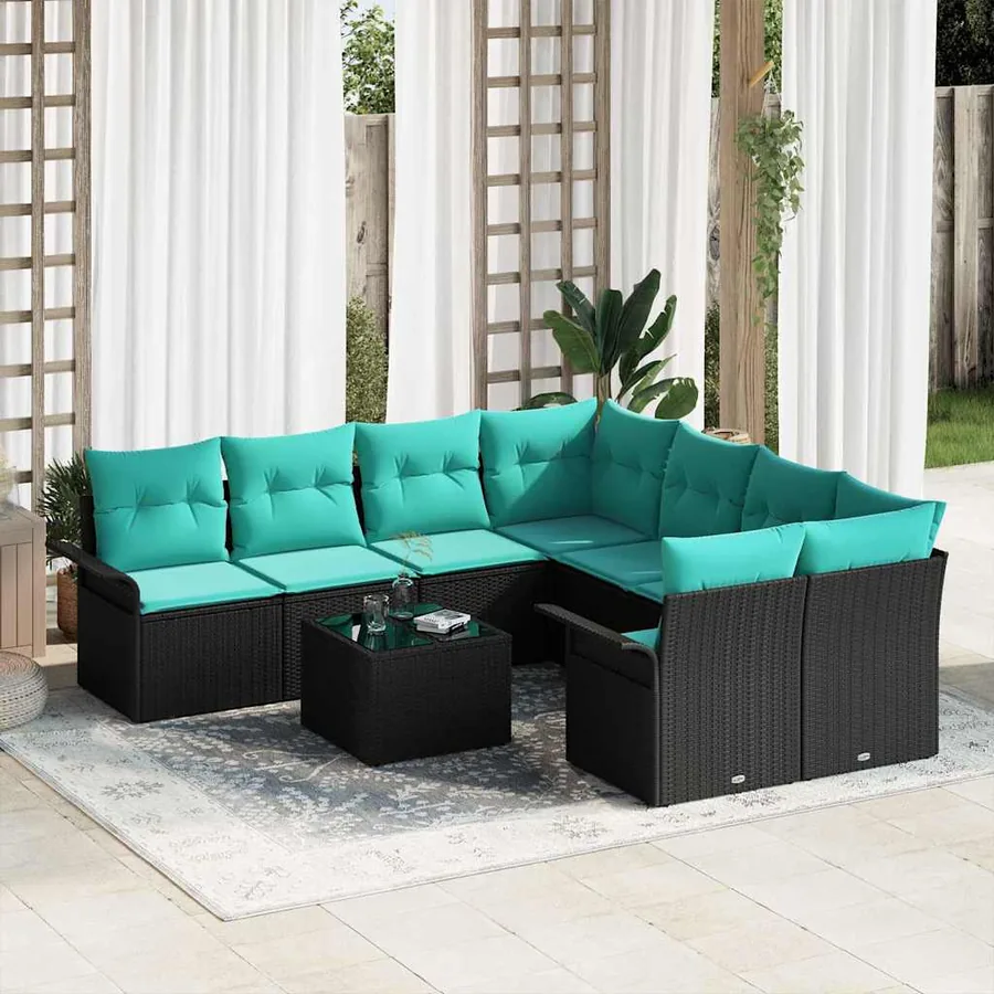 Ensemble de canapé de jardin 9 pcs Noir et turquoise polyrotin