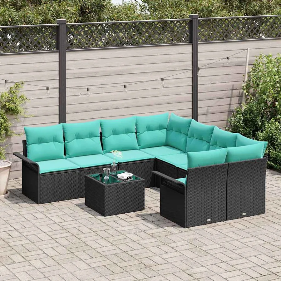 Ensemble de canapé de jardin 9 pcs Noir et turquoise polyrotin - 3