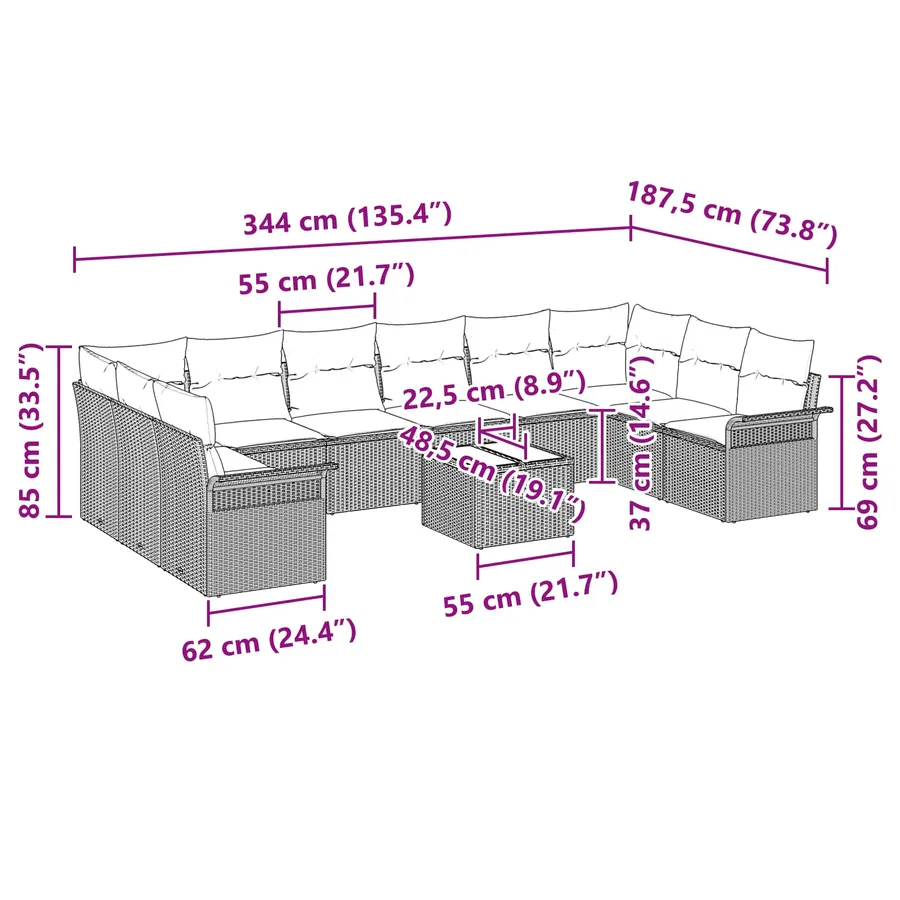 Ensemble de canapé de jardin 11 pcs Noir Poly rotin - 13