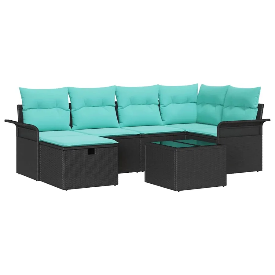 Ensemble de canapé de jardin 7 pcs Noir et turquoise polyrotin - 2