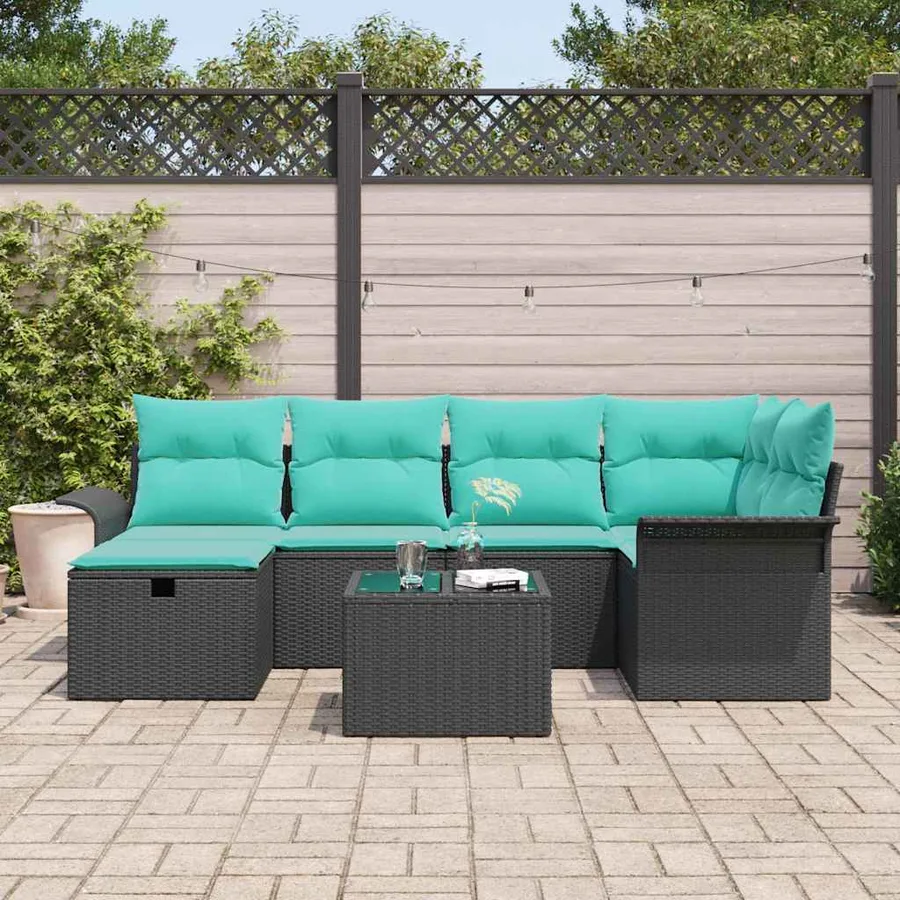 Ensemble de canapé de jardin 7 pcs Noir et turquoise polyrotin - 3
