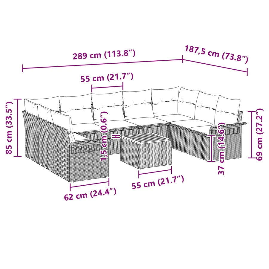 Ensemble de canapé de jardin 10 pcs Noir et turquoise polyrotin - 13