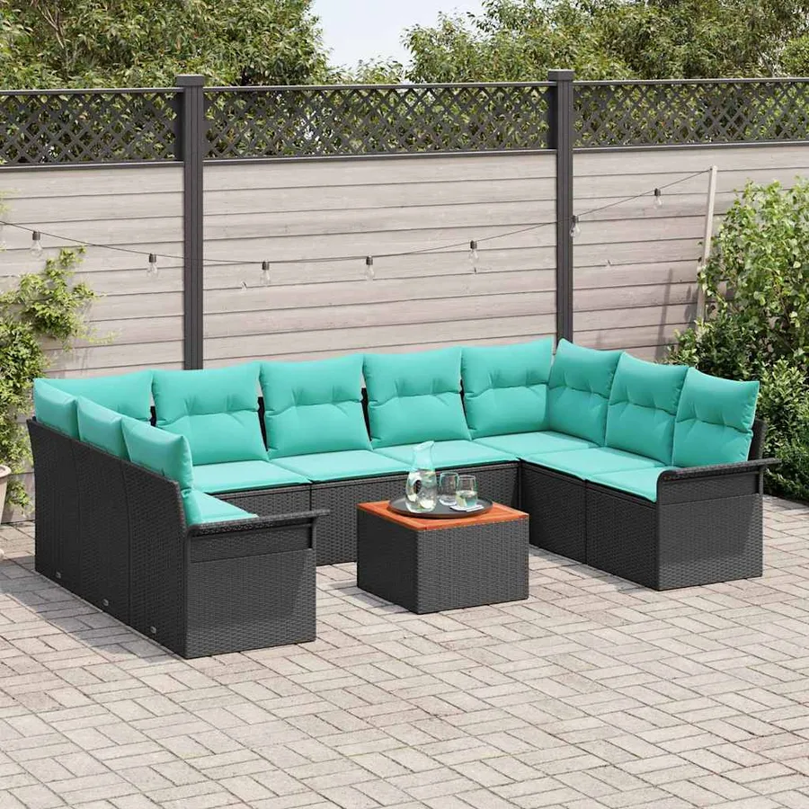Ensemble de canapé de jardin 10 pcs Noir et turquoise polyrotin - 3