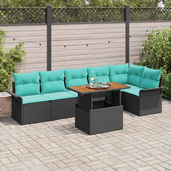 Ensemble de canapé de jardin 7 pcs Noir Poly rotin