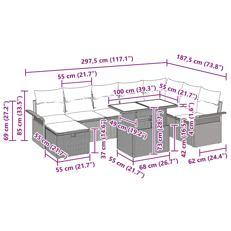 Ensemble de canapé de jardin avec coussin 9 pcs Noir Poly rotin - 17