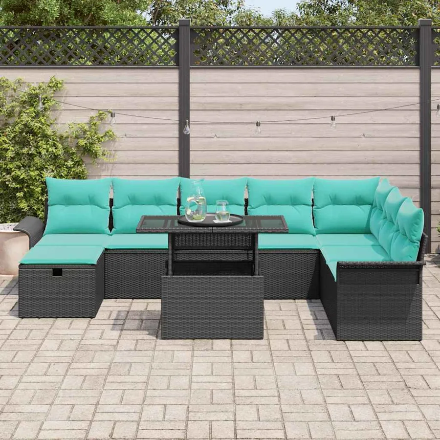 Ensemble de canapé de jardin avec coussin 9 pcs Noir Poly rotin - 3