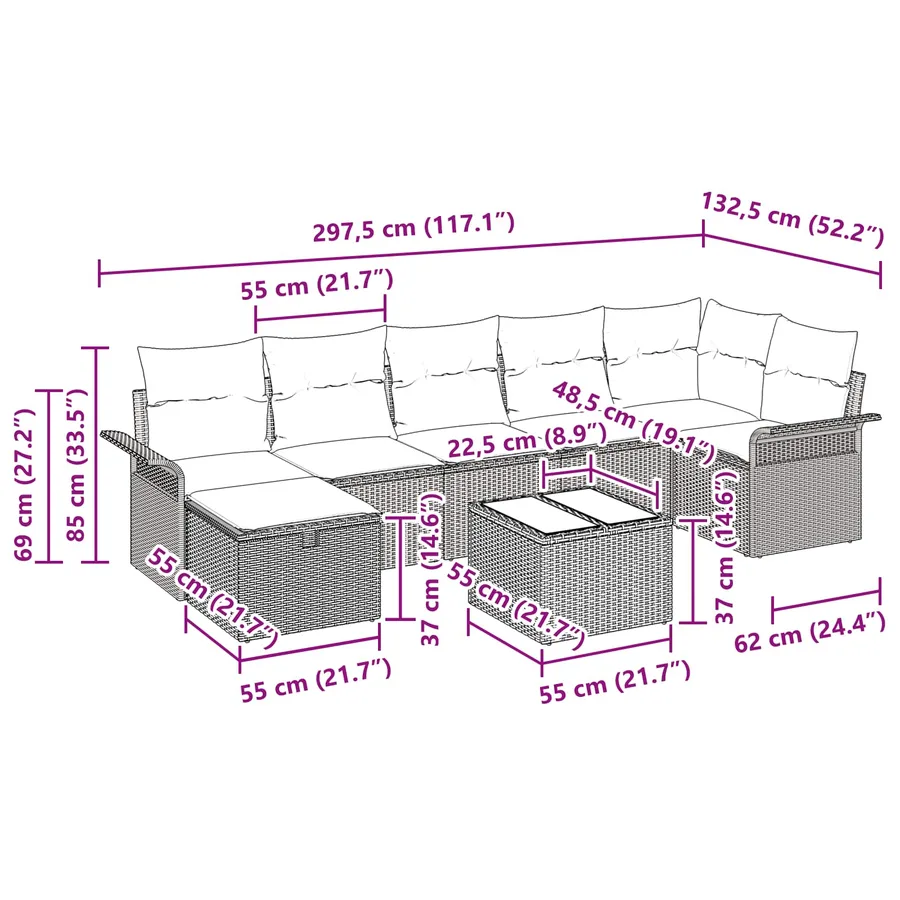 Ensemble de canapé de jardin avec coussin 8 pcs Noir Poly rotin - 15