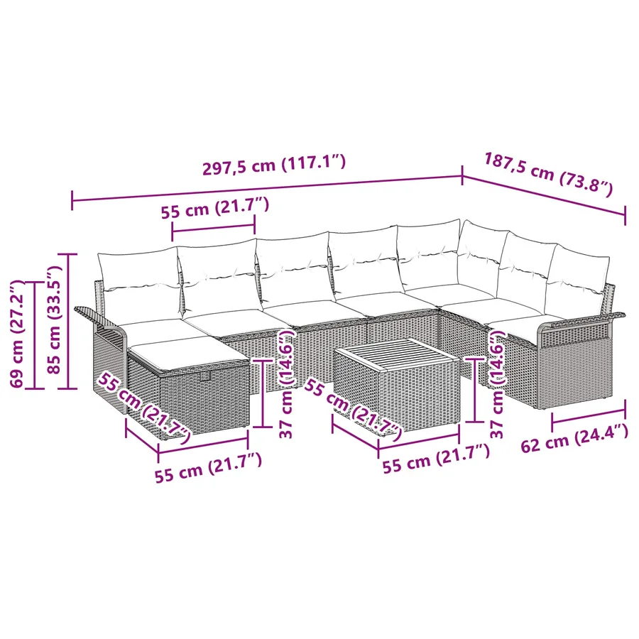 Ensemble de canapé de jardin avec coussin 9 pcs Gris Poly rotin - 15