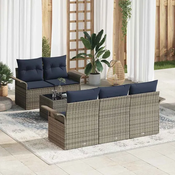 Ensemble de canapé de jardin 6 pcs Gris et marine polyrotin