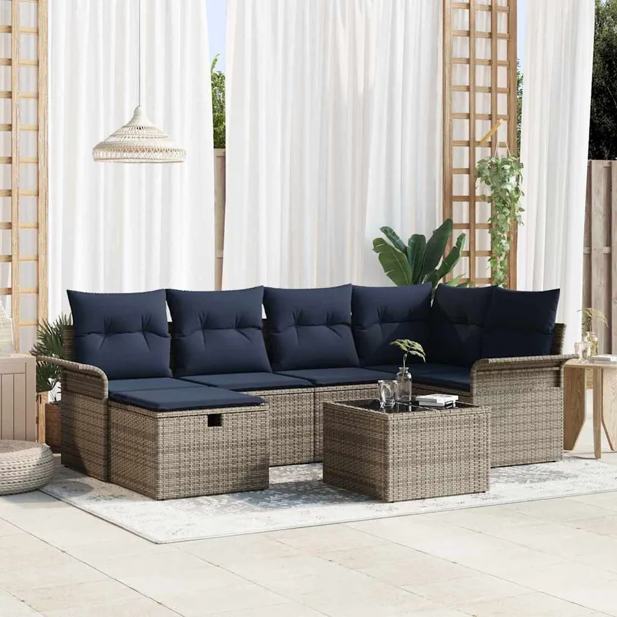 Ensemble de canapé de jardin avec coussin 7 pcs Gris Poly rotin