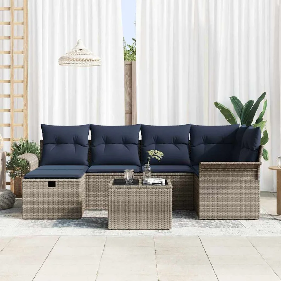 Ensemble de canapé de jardin avec coussin 7 pcs Gris Poly rotin - 3