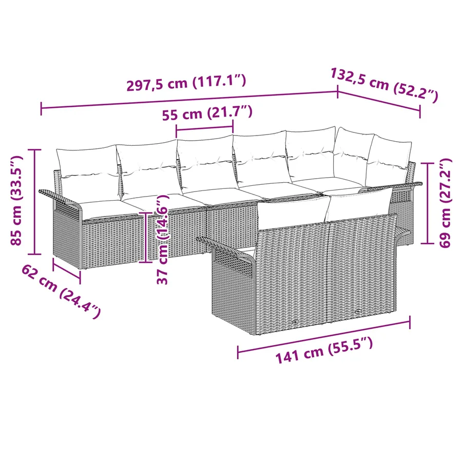 Ensemble de canapé de jardin 8 pcs Marron polyrotin - 15