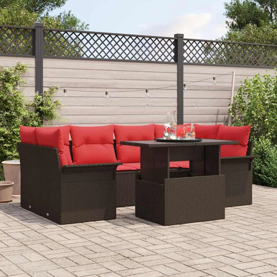 Ensemble de canapé de jardin 7 pcs Marron Poly Rattan
