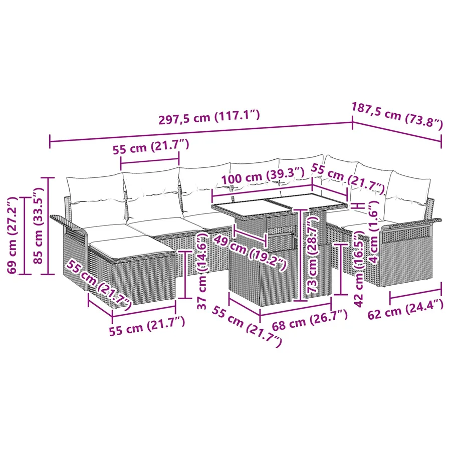 Ensemble de canapé de jardin 9 pcs Marron Poly Rattan - 17