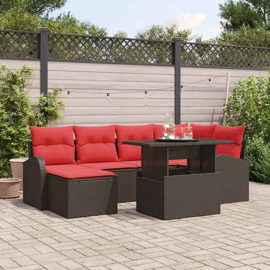 Ensemble de canapé de jardin 7 pcs Marron et rouge polyrotin