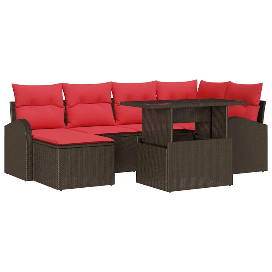 Ensemble de canapé de jardin 7 pcs Marron et rouge polyrotin - 2