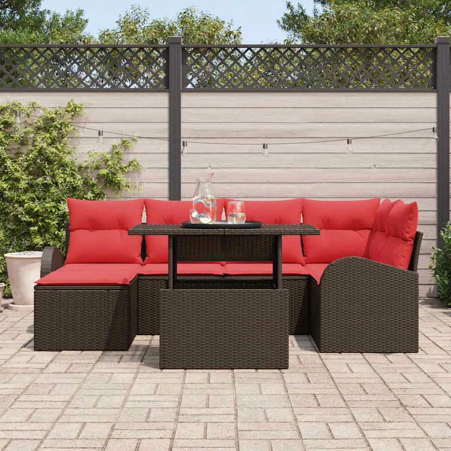 Ensemble de canapé de jardin 7 pcs Marron et rouge polyrotin - 3